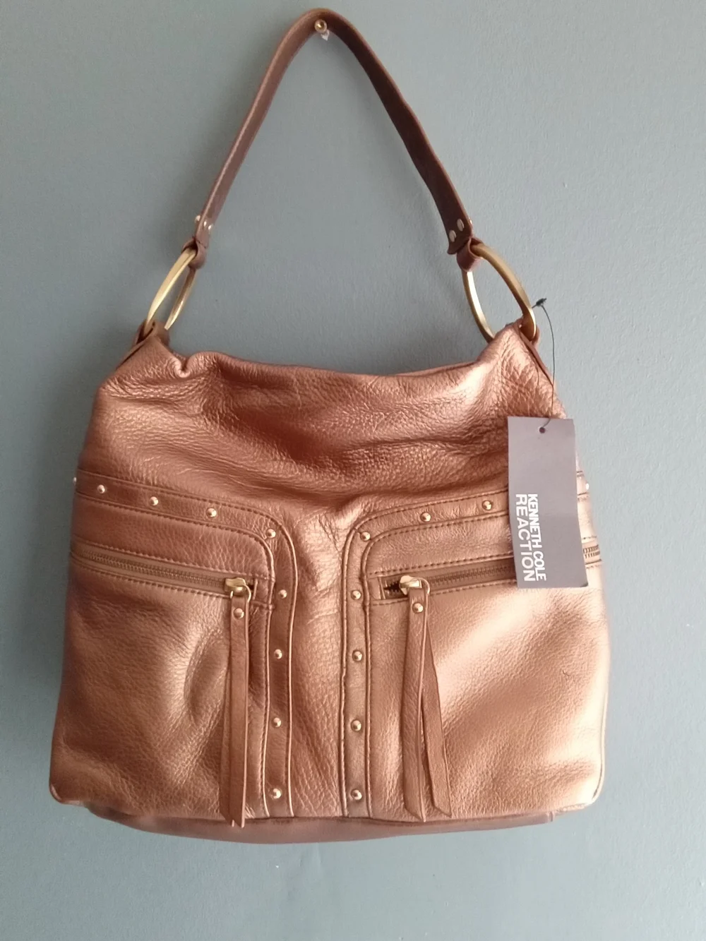 Kenneth Cole Reaction Bronze Metallic Hobo Shoulder Bag Studded Tassel NWT